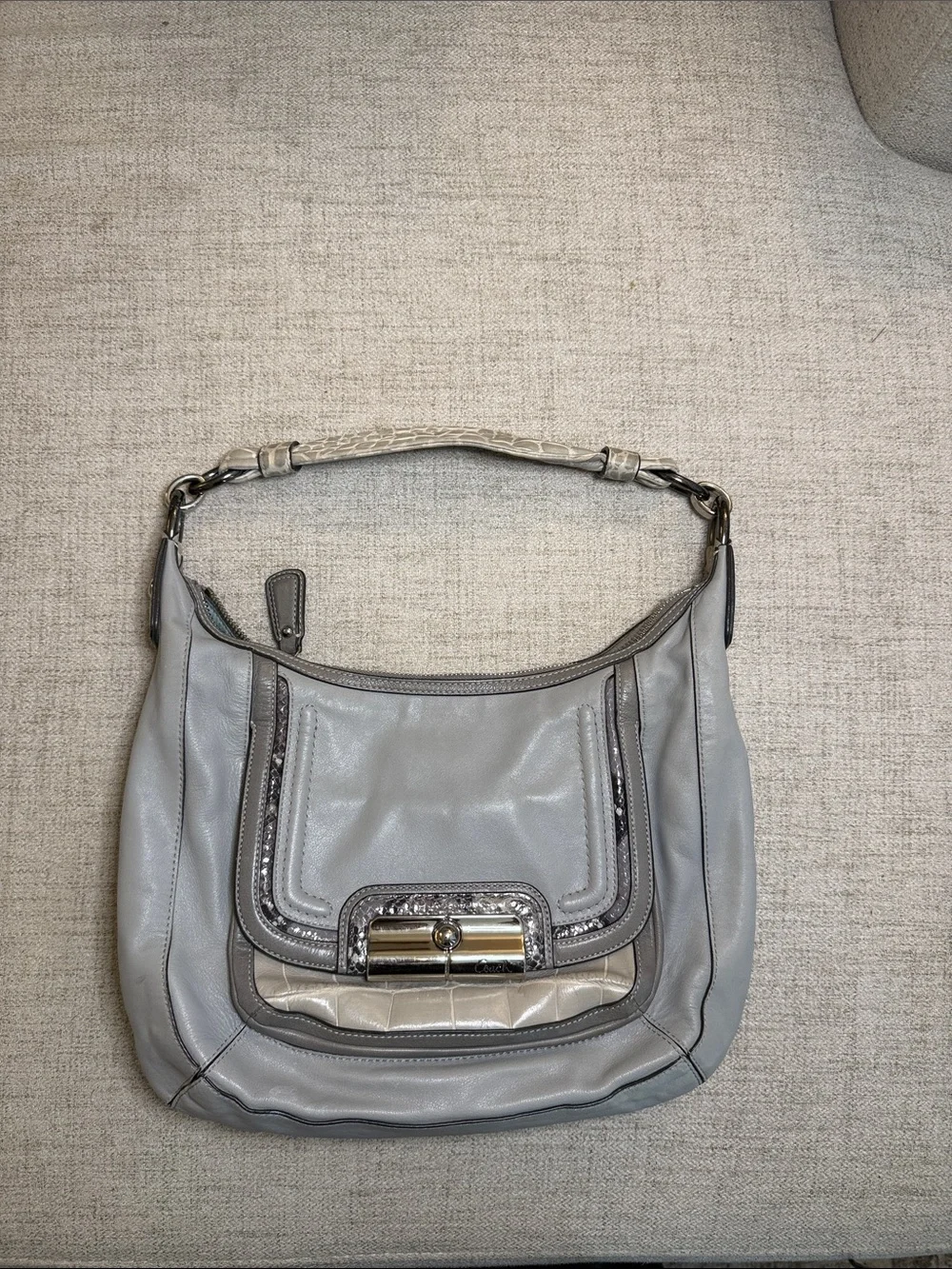 Y2K Coach Kristin Spectator Leather Hobo Bag - Grey, Python Snakeskin Trim